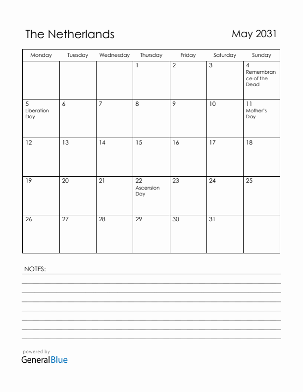 May 2031 The Netherlands Calendar with Holidays (Monday Start)