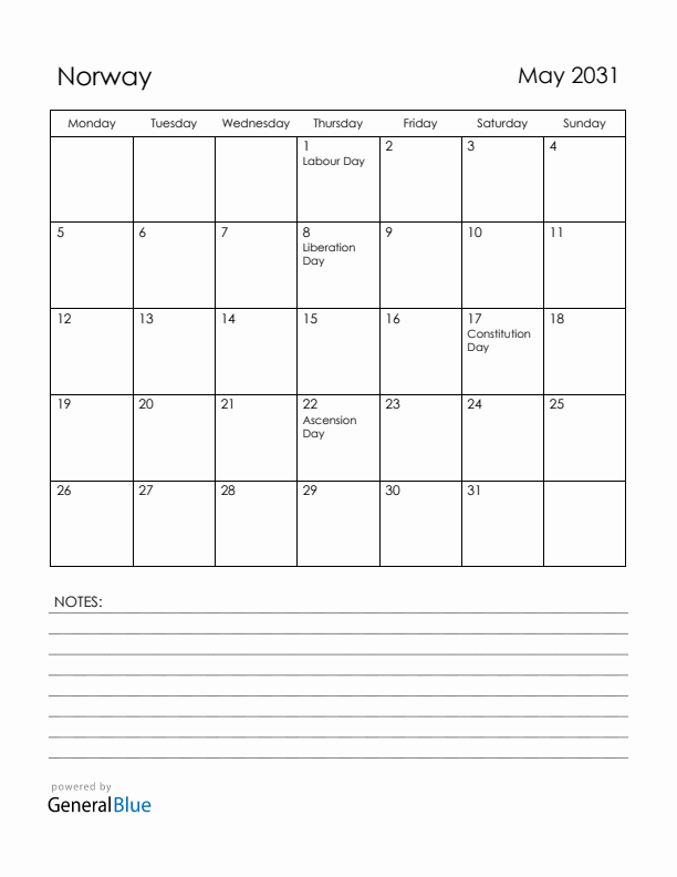 May 2031 Norway Calendar with Holidays (Monday Start)