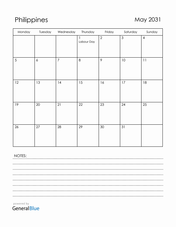 May 2031 Philippines Calendar with Holidays (Monday Start)