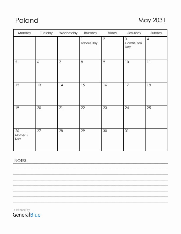 May 2031 Poland Calendar with Holidays (Monday Start)
