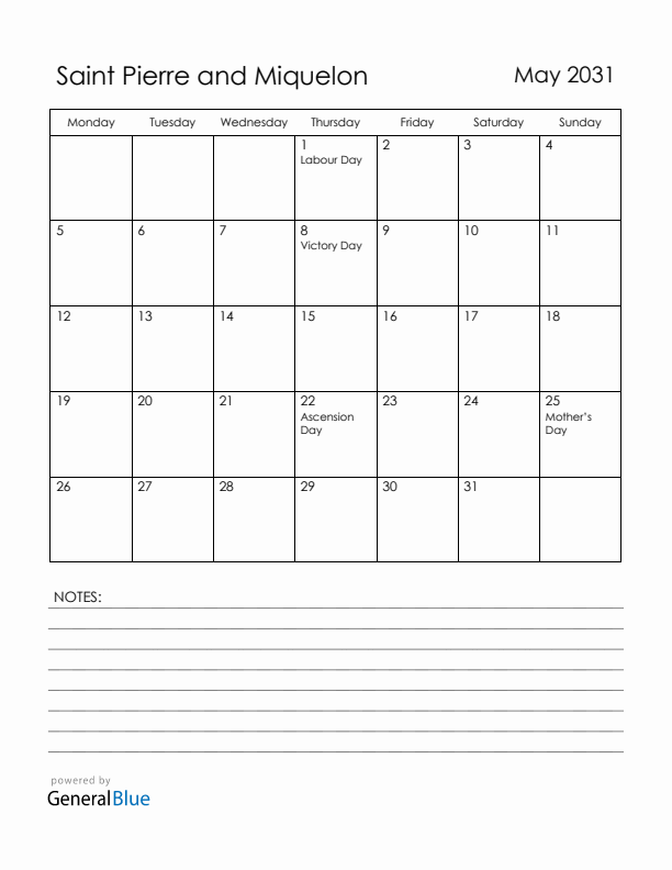 May 2031 Saint Pierre and Miquelon Calendar with Holidays (Monday Start)