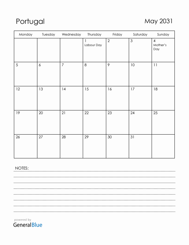 May 2031 Portugal Calendar with Holidays (Monday Start)