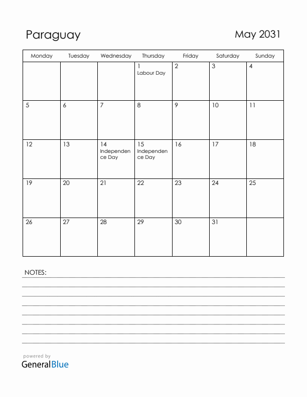 May 2031 Paraguay Calendar with Holidays (Monday Start)