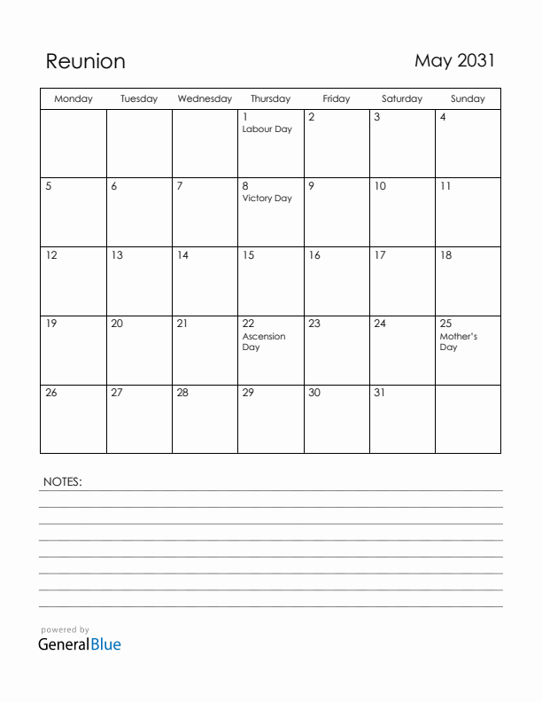 May 2031 Reunion Calendar with Holidays (Monday Start)