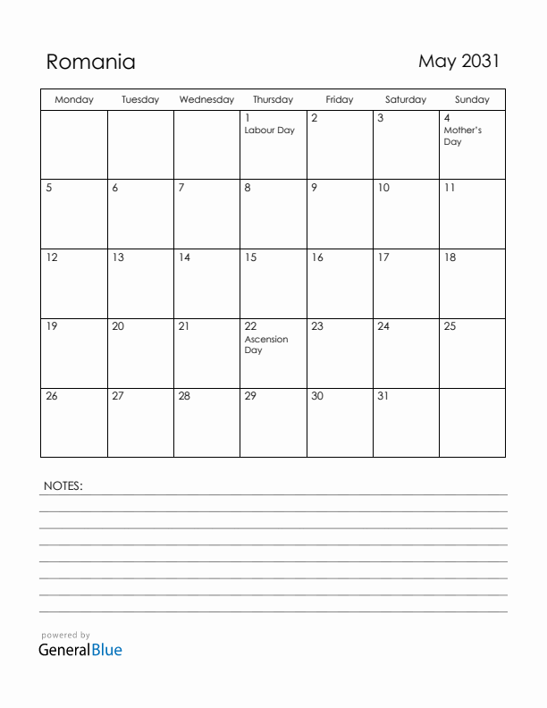 May 2031 Romania Calendar with Holidays (Monday Start)