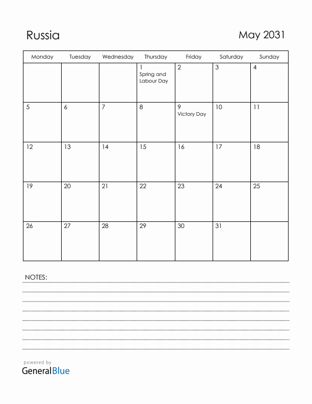 May 2031 Russia Calendar with Holidays (Monday Start)