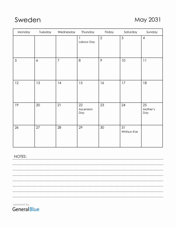 May 2031 Sweden Calendar with Holidays (Monday Start)