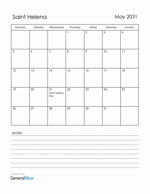 May 2031 Saint Helena Calendar with Holidays (Monday Start)