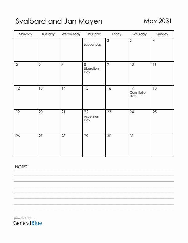 May 2031 Svalbard and Jan Mayen Calendar with Holidays (Monday Start)