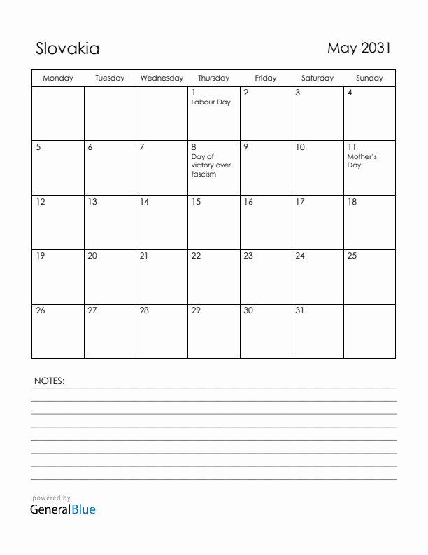 May 2031 Slovakia Calendar with Holidays (Monday Start)