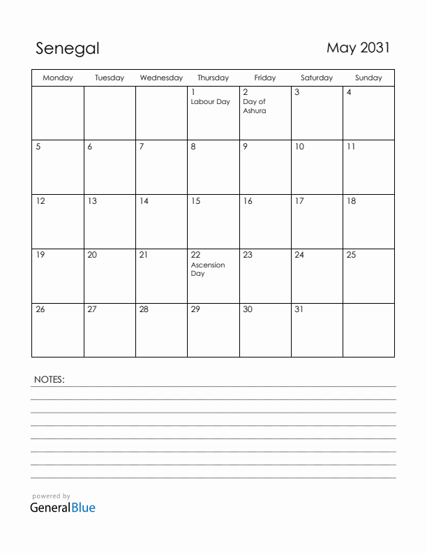 May 2031 Senegal Calendar with Holidays (Monday Start)