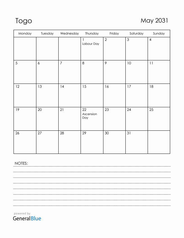 May 2031 Togo Calendar with Holidays (Monday Start)