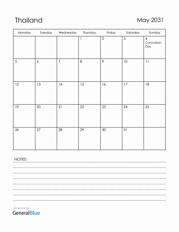 May 2031 Thailand Calendar with Holidays (Monday Start)