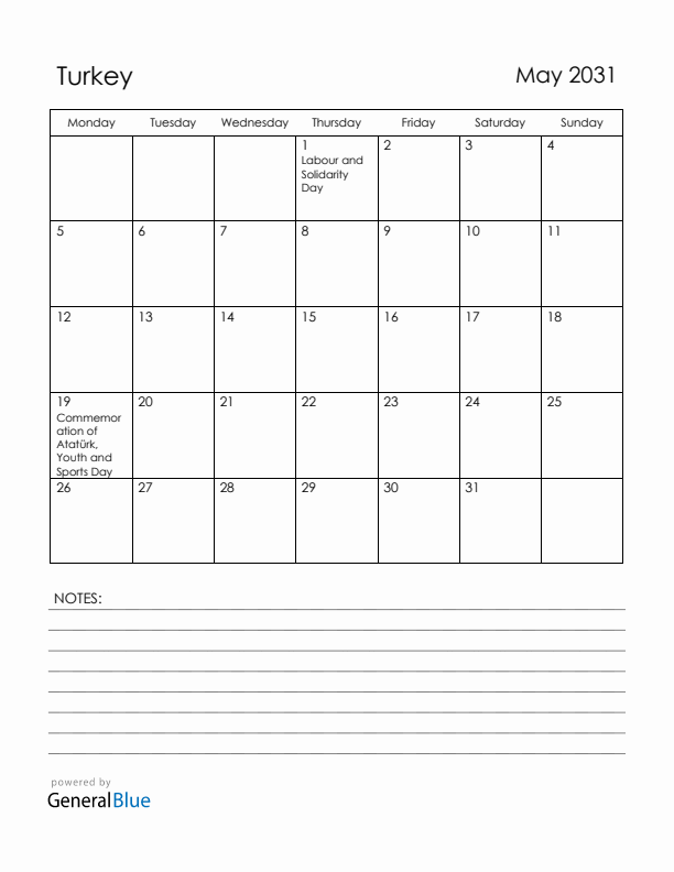 May 2031 Turkey Calendar with Holidays (Monday Start)