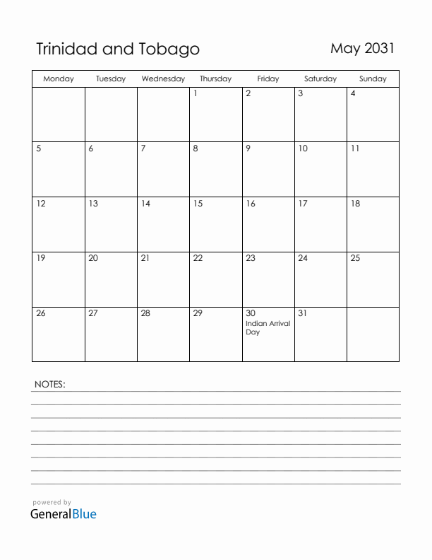 May 2031 Trinidad and Tobago Calendar with Holidays (Monday Start)