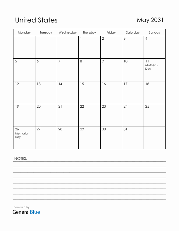 May 2031 United States Calendar with Holidays (Monday Start)