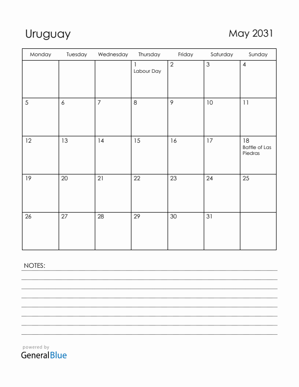 May 2031 Uruguay Calendar with Holidays (Monday Start)