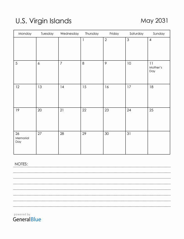 May 2031 U.S. Virgin Islands Calendar with Holidays (Monday Start)