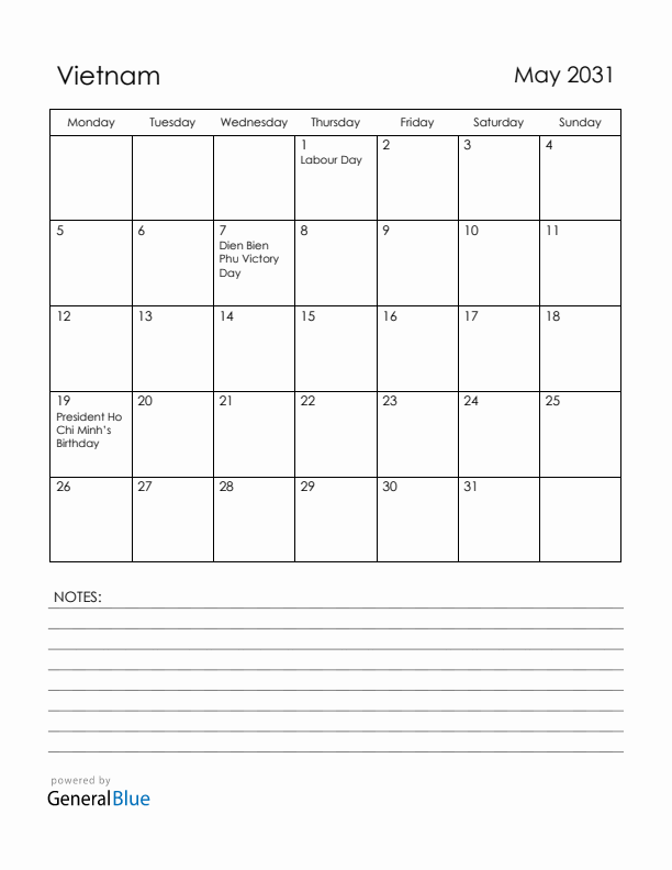 May 2031 Vietnam Calendar with Holidays (Monday Start)
