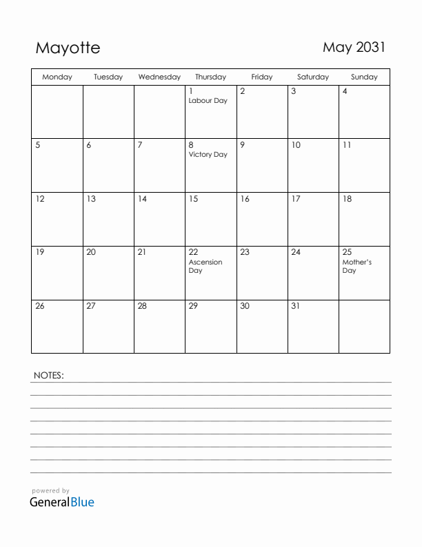May 2031 Mayotte Calendar with Holidays (Monday Start)
