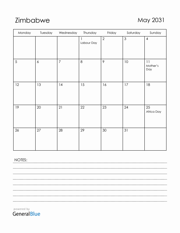 May 2031 Zimbabwe Calendar with Holidays (Monday Start)