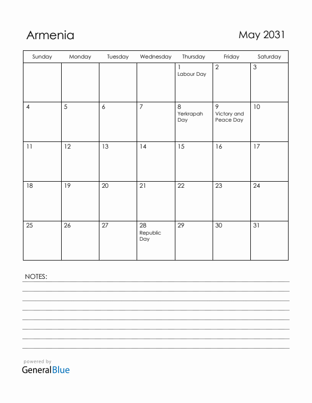 May 2031 Armenia Calendar with Holidays (Sunday Start)