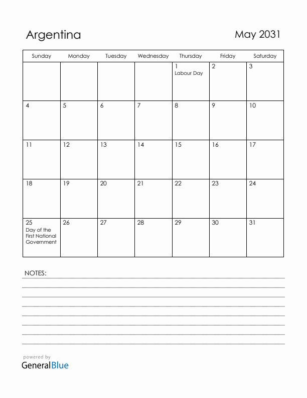 May 2031 Argentina Calendar with Holidays (Sunday Start)