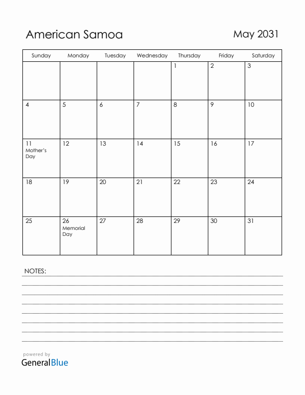 May 2031 American Samoa Calendar with Holidays (Sunday Start)