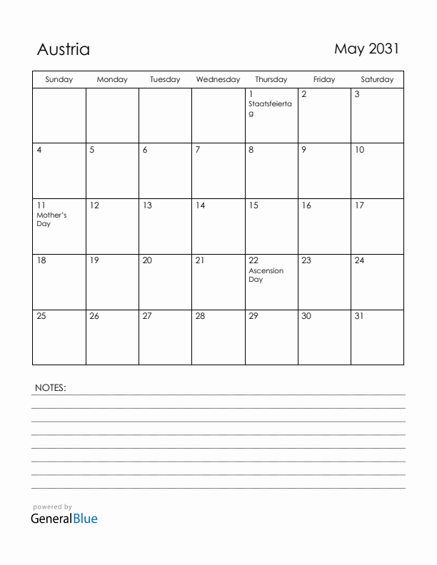 May 2031 Austria Calendar with Holidays (Sunday Start)