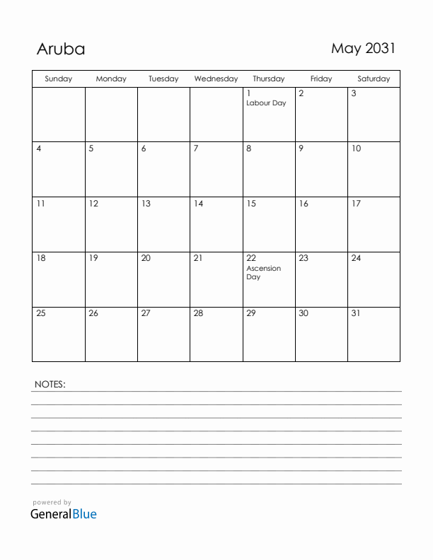 May 2031 Aruba Calendar with Holidays (Sunday Start)