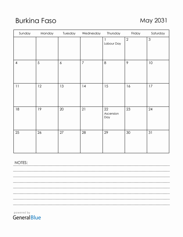 May 2031 Burkina Faso Calendar with Holidays (Sunday Start)