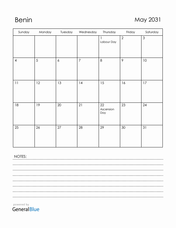 May 2031 Benin Calendar with Holidays (Sunday Start)