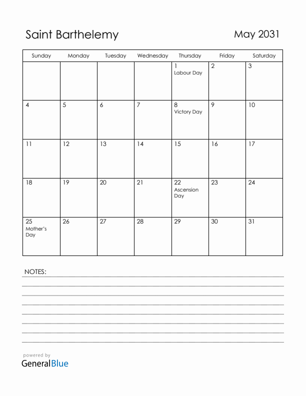 May 2031 Saint Barthelemy Calendar with Holidays (Sunday Start)