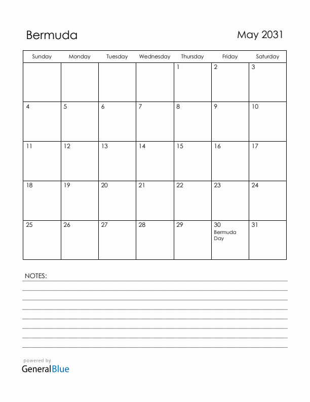 May 2031 Bermuda Calendar with Holidays (Sunday Start)