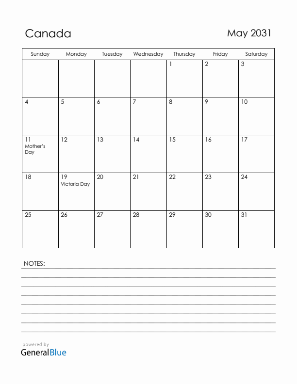May 2031 Canada Calendar with Holidays (Sunday Start)
