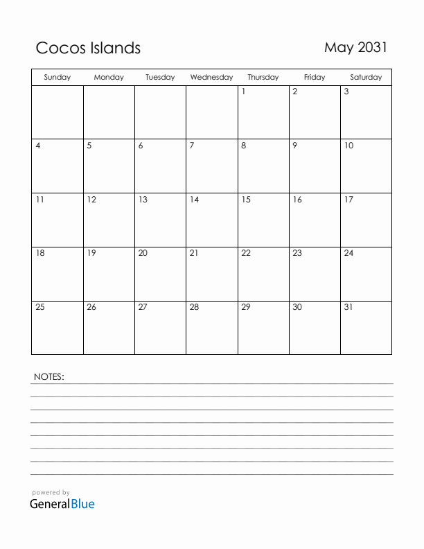 May 2031 Cocos Islands Calendar with Holidays (Sunday Start)