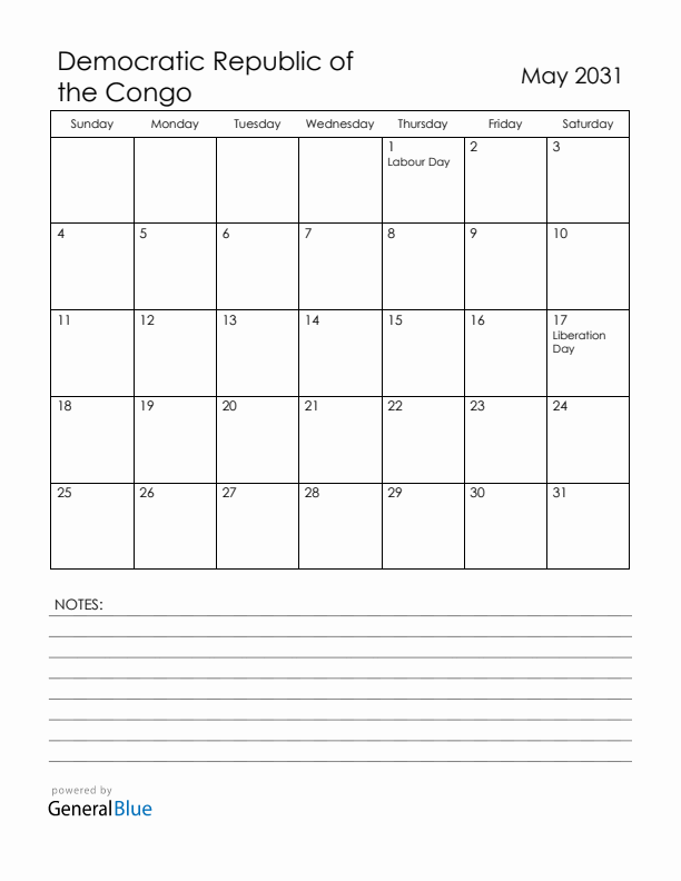 May 2031 Democratic Republic of the Congo Calendar with Holidays (Sunday Start)