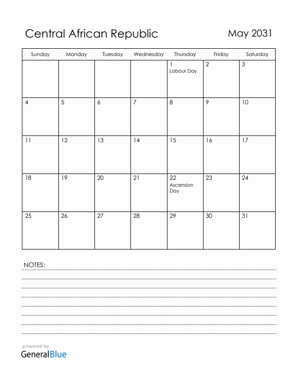 May 2031 Central African Republic Calendar with Holidays (Sunday Start)