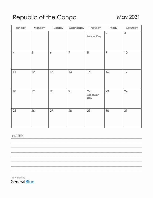 May 2031 Republic of the Congo Calendar with Holidays (Sunday Start)