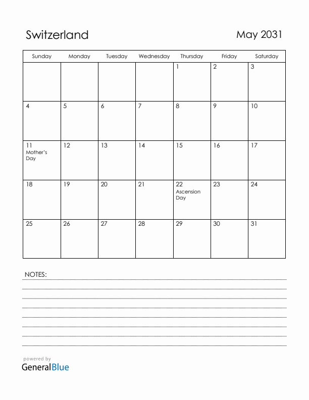 May 2031 Switzerland Calendar with Holidays (Sunday Start)