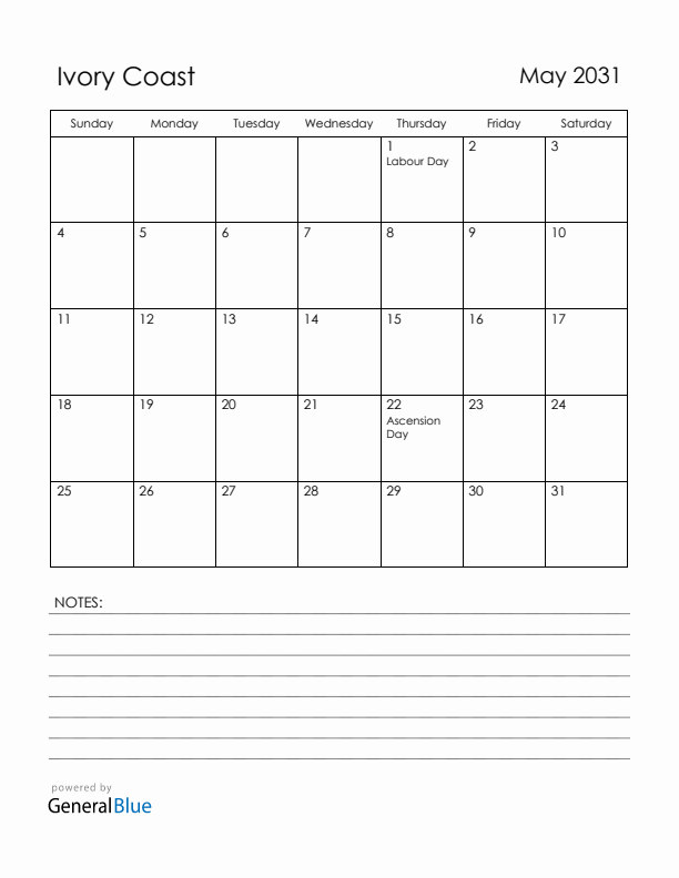 May 2031 Ivory Coast Calendar with Holidays (Sunday Start)