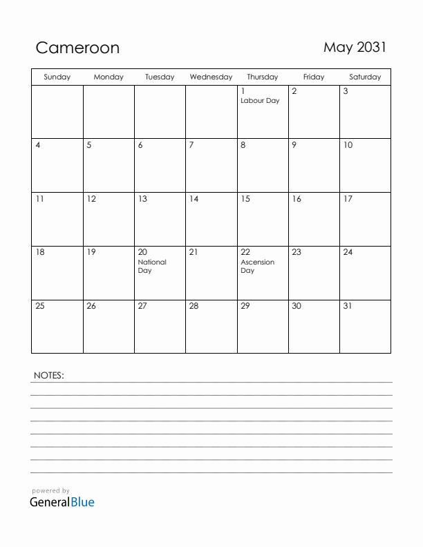 May 2031 Cameroon Calendar with Holidays (Sunday Start)