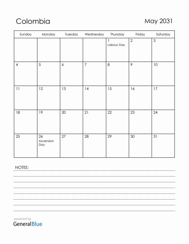 May 2031 Colombia Calendar with Holidays (Sunday Start)