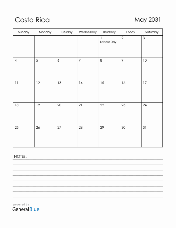 May 2031 Costa Rica Calendar with Holidays (Sunday Start)