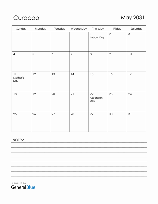 May 2031 Curacao Calendar with Holidays (Sunday Start)