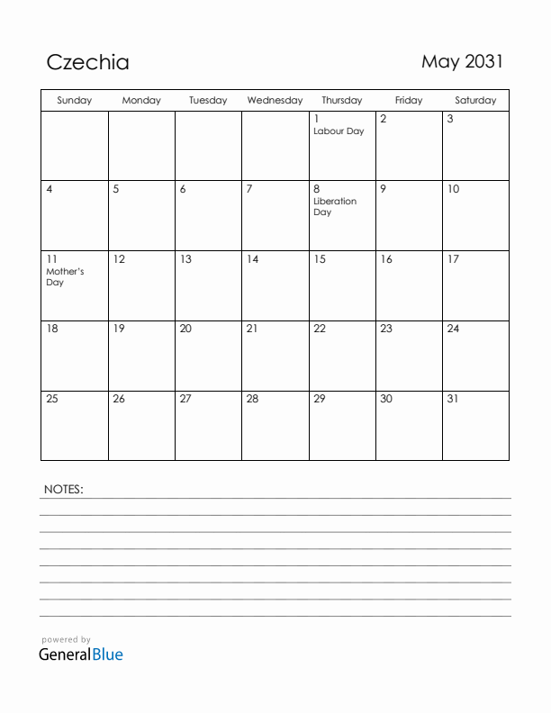 May 2031 Czechia Calendar with Holidays (Sunday Start)