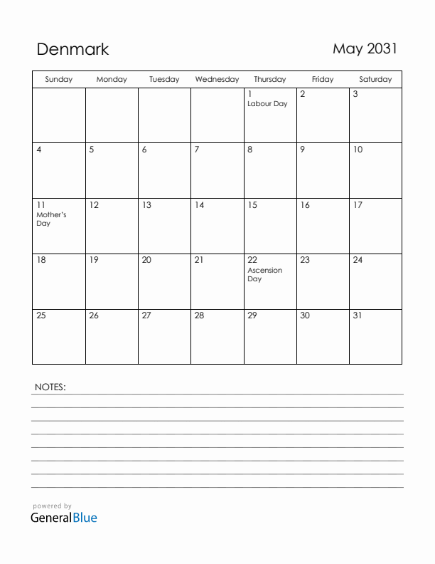 May 2031 Denmark Calendar with Holidays (Sunday Start)