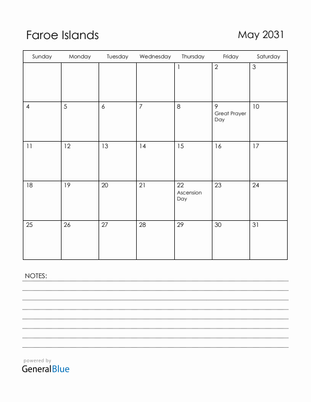 May 2031 Faroe Islands Calendar with Holidays (Sunday Start)