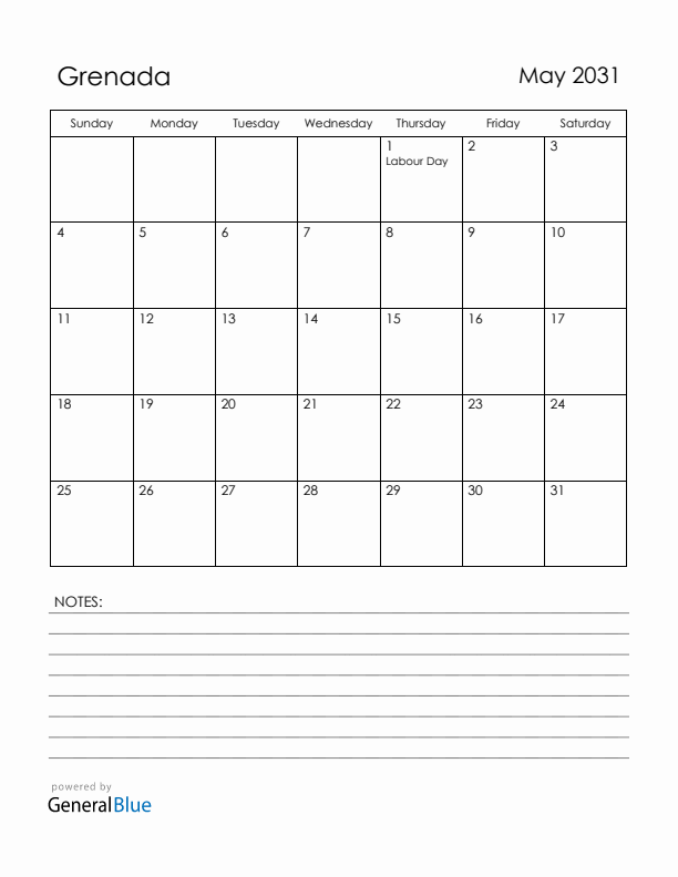 May 2031 Grenada Calendar with Holidays (Sunday Start)