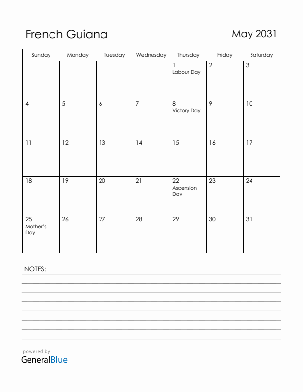 May 2031 French Guiana Calendar with Holidays (Sunday Start)